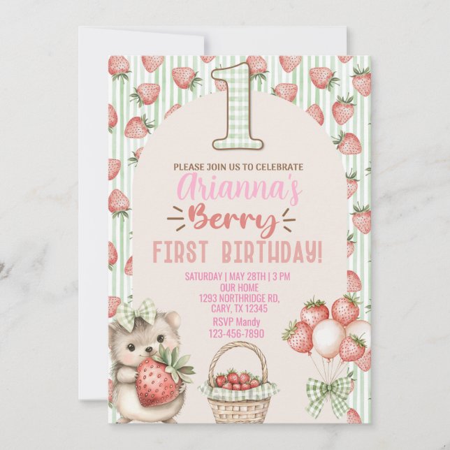 Jordgubbsflicka berry 1:a födelsedagsinbjudan. inbjudningar (Framsida)
