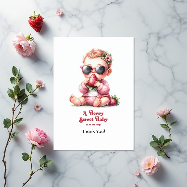Jordgubbsflicka Berry Sweet Baby Shower Tack Kort (Strawberry Girl Berry Sweet Baby Shower Thank You Card)