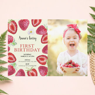 Jordgubbsflicka första 1:a födelsedag Berry Photo Inbjudningar