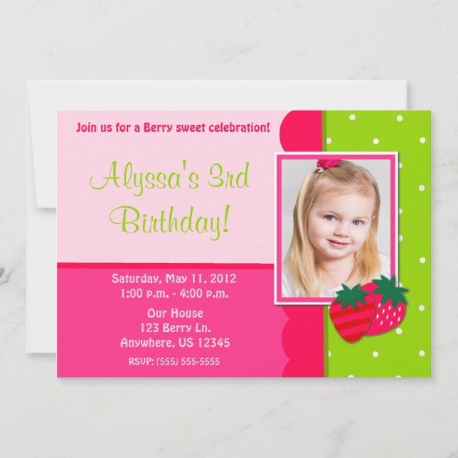 Jordgubbsflickornas inbjudan till foto på födelsed (Framsida)