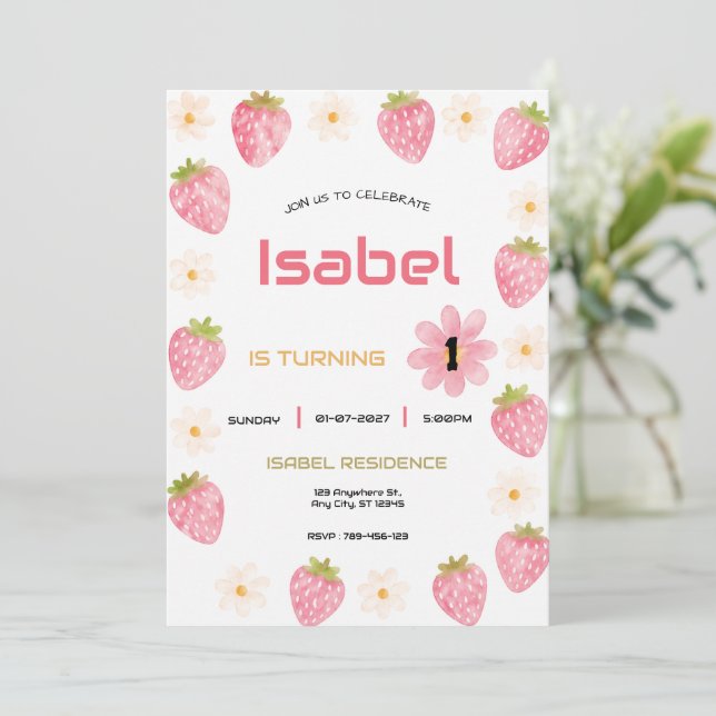Jordgubbsfödelsedag Rosa Blommig Söt Fest Inbjudningar (Stående Fram)