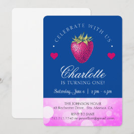 Jordgubbsfödelsedagsfest tjej rosa och mörkblå tack kort