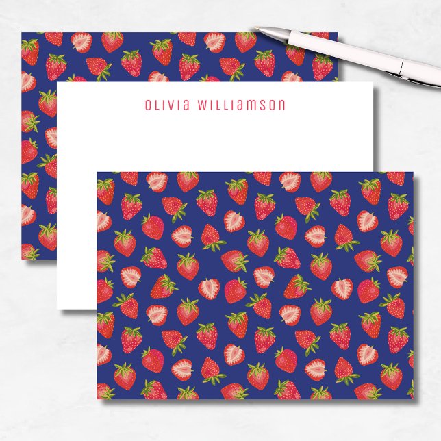 Jordgubbsfrukt, Personlig Namn Anteckningskort (Fun strawberry notecards on blue background. Customize with your own name or choice of text.)