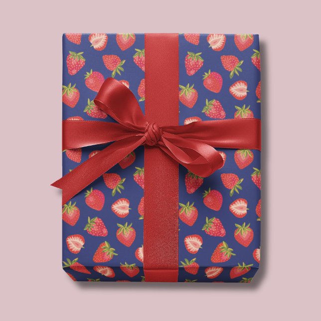 Jordgubbsfruktmönster Presentpapper (Strawberry wrapping paper on royal blue background)