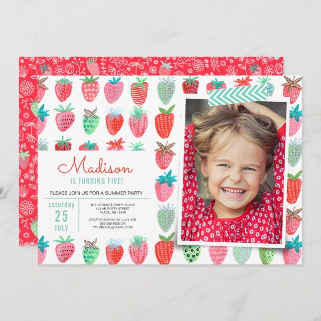 Jordgubbsinbjudan Berry Sweet Party Inbjudningar (Fram/baksida)