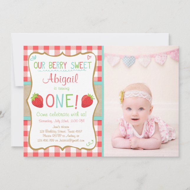 Jordgubbsinbjudan första födelsedag Sommaren Party Inbjudningar (Framsida)