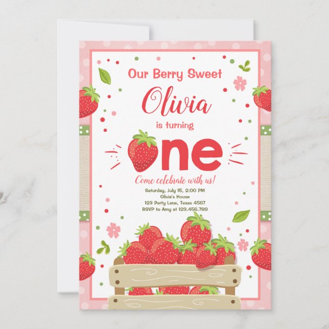Jordgubbsinbjudan första födelsedag Sommarfrukt Inbjudningar (Framsida)