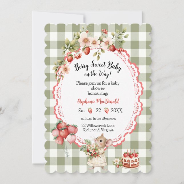 Jordgubbsins Grönt Gingham Baby Shower-inbjudan Inbjudningar (Framsida)