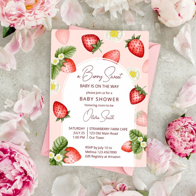 Jordgubbskädda, babyduschbär, söt inbjudningar (Berry sweet strawberry baby shower invitation template instant download strawberry arch watercolor)