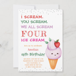 Jordgubbskädda Cone 4e födelsedagen Party Inbjudningar
