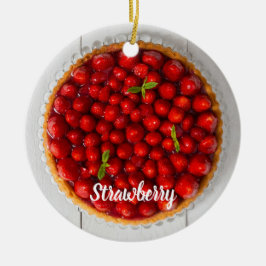 Jordgubbskaka med mynta på vitt trä julgransprydnad keramik