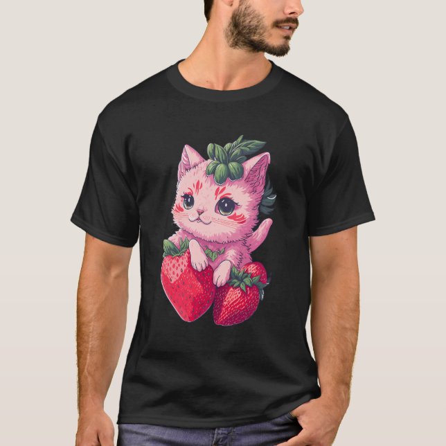 Jordgubbskål Cat Kawaii Anime - Jordgubbskat T Shirt (Framsida)
