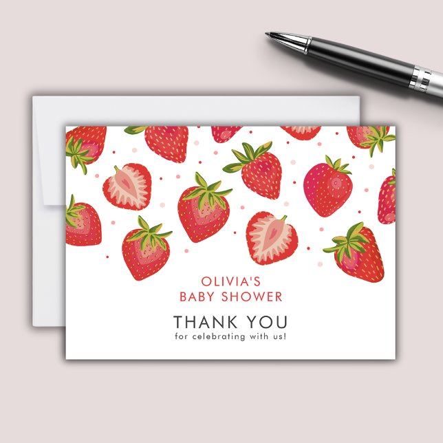 Jordgubbskläder Flickor Babyskor Anteckningskort (Strawberry Baby Shower thank you notecards)