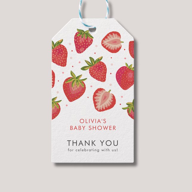 Jordgubbskläder Flickor Babyskor Presentetikett (Strawberry Baby Shower Thank You gift tag)