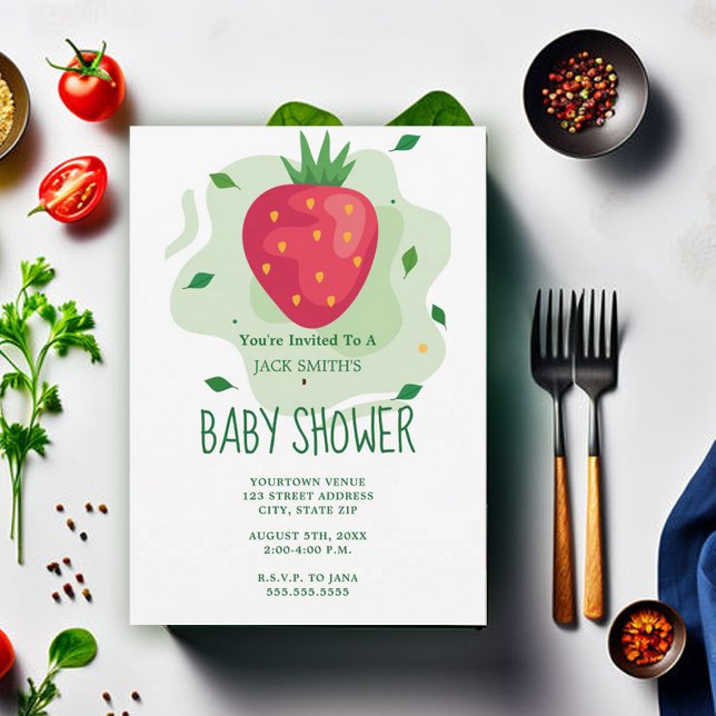 Jordgubbskläder Grönt Red Fruit Baby Shower Inbjudningar (Skapare uppladdad)