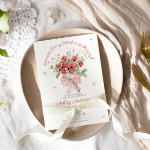 Jordgubbskläder Rosa Bow Blommigt Baby Shower Inbjudningar