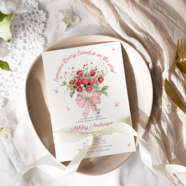 Jordgubbskläder Rosa Bow Blommigt Baby Shower Inbjudningar (Skapare uppladdad)