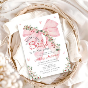 Jordgubbskläder Rosa Bow Girl Baby Shower Inbjudningar