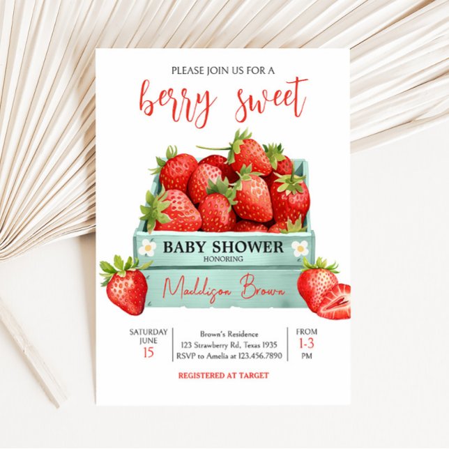 Jordgubbskläder, sommarbabyskor inbjudningar (Berry Sweet Baby Shower Invitation)