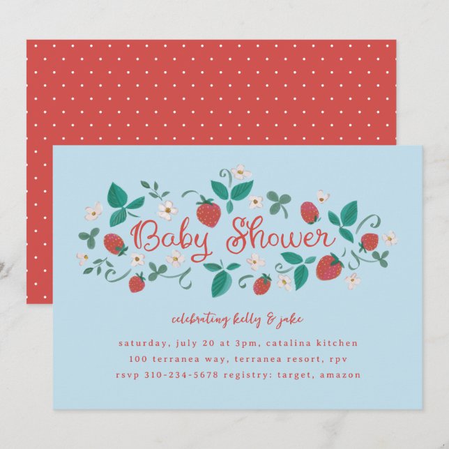 Jordgubbslandet Himmelblå Baby Shower Inbjudningar (Fram/baksida)