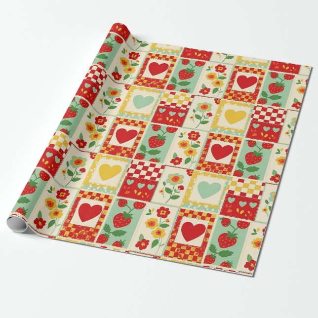 Jordgubbslapptäcke Picknick Presentpapper (Utrullad)