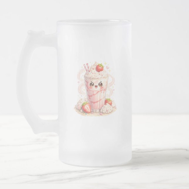 Jordgubbsmjölkshake Kawaii Frostad Glas Mugg (Vänster)