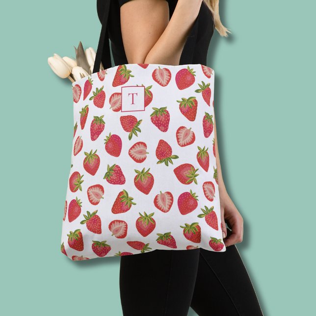 Jordgubbsmonogrammönster Handväskor Tygkasse (Strawberry pattern monogram tote bag)