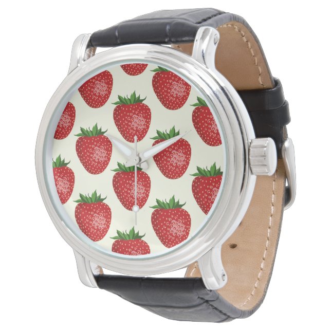 Jordgubbsmönster, röda jordgubbar, frukt, blad armbandsur (Vinklad)