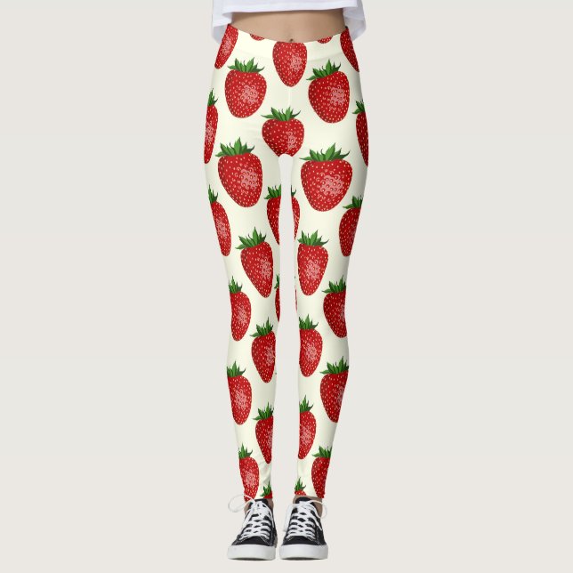 Jordgubbsmönster, röda jordgubbar, frukt, blad leggings (Framsida)