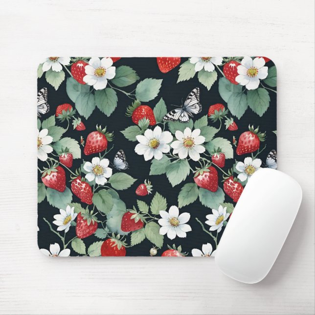 Jordgubbspatch med blommor och Butterflies Black Musmatta (Med mus)