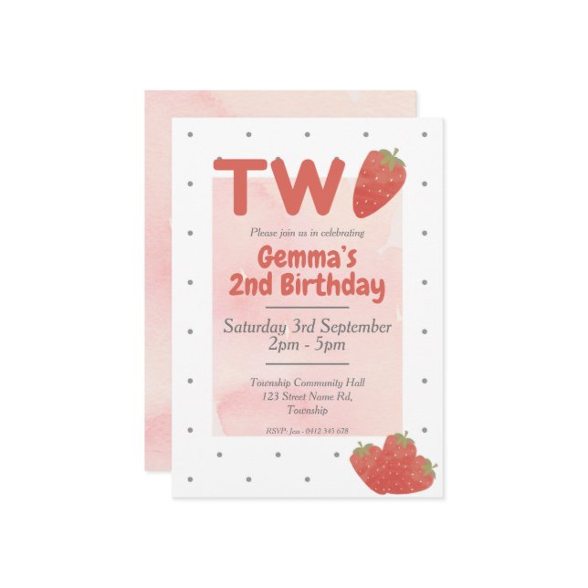 Jordgubbsprickig Två 2 Inbjudningar (Fram/Back In Situ)