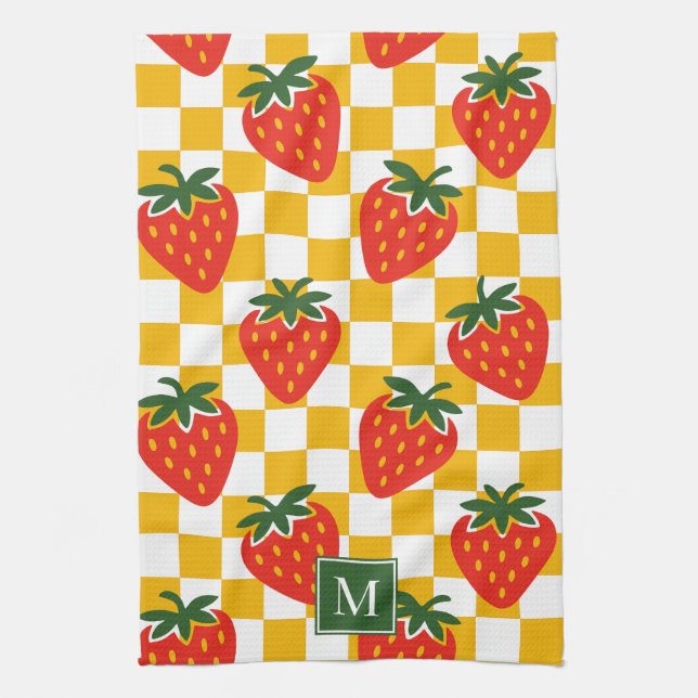 Jordgubbsrustik bondehusrutig monogram kökshandduk (Vertikal)