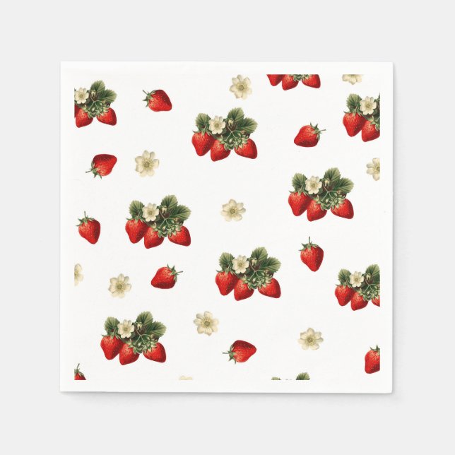 Jordgubbsservetter med blommor på vitt pappersservett (Framsidan)