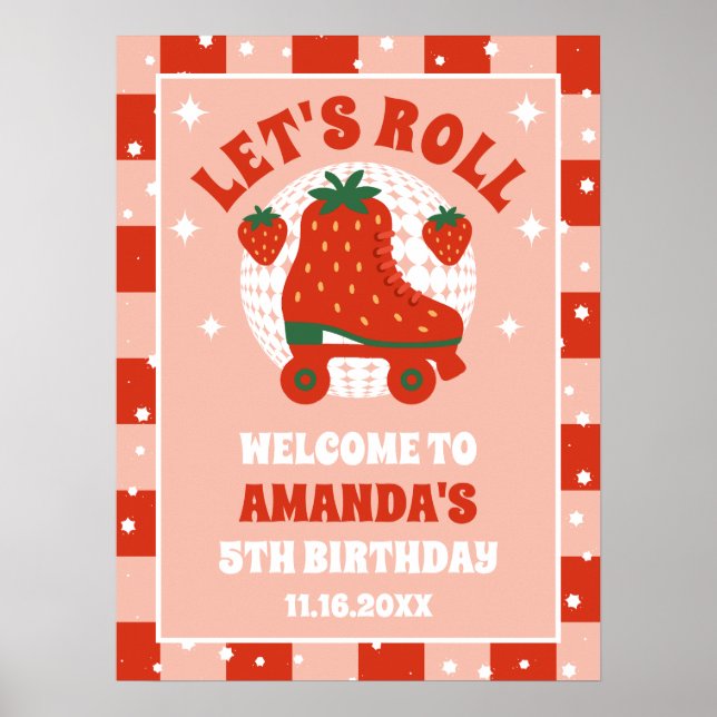 Jordgubbsskal | Retro Roller Skating Birthday Poster (Framsidan)