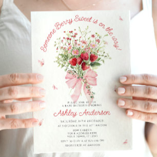 Jordgubbsskuva Rosa Bow Greenery Baby Shower Inbjudningar