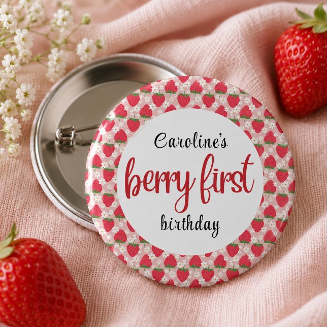 Jordgubbssöt Strawberry 1-års födelsedagsfest Knapp (Berry Sweet Strawberry 1st Birthday Party Button)