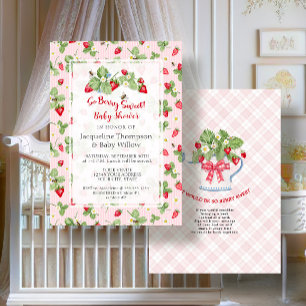 Jordgubbssöta rosa ginghamskjorta flickbabyshower inbjudningar