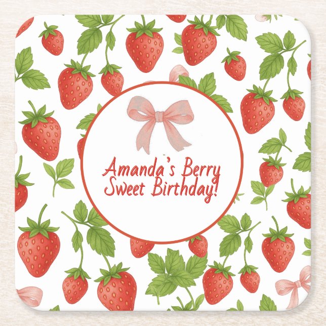 Jordgubbssötad Barns födelsedag Party - Underlägg Papper Kvadrat (Framsidan)