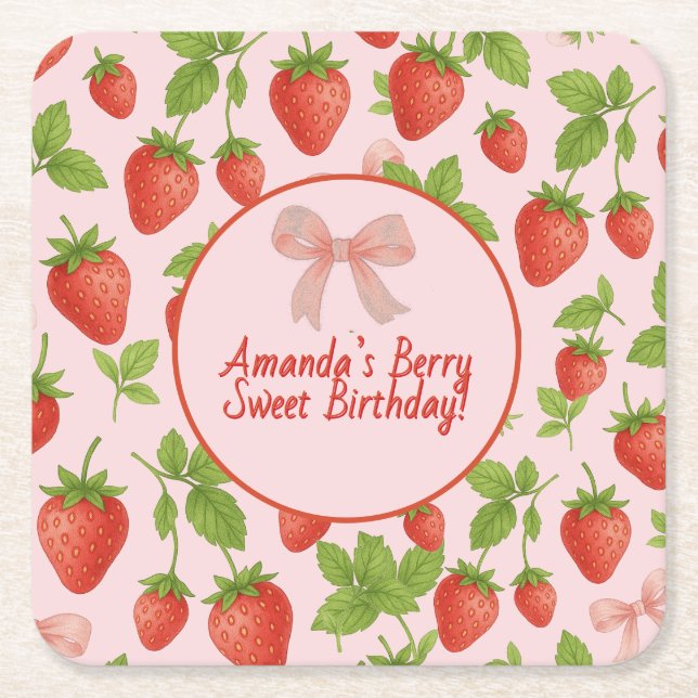 Jordgubbssötad Barns födelsedag Party - Underlägg Papper Kvadrat (Framsidan)