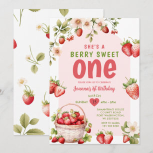 Jordgubbssötad en berry 1:a födelsedag inbjudningar