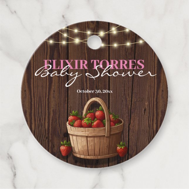 Jordgubbssötare Wood Basket Baby Shower Gåvor Etiketter (Framsida)