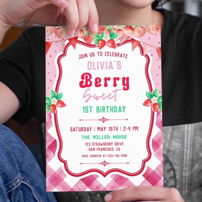 Jordgubbstårta Shortkaka 1:a födelsedag Party Inbjudningar (Strawberry shortcake party invitation)