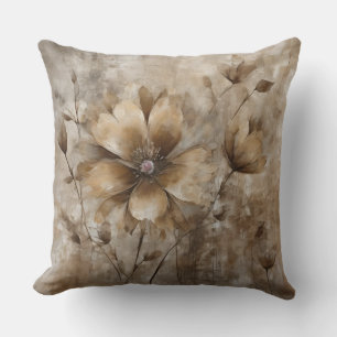 Jordnära Beige Brun Akvarell Blommig Tryck Kudde