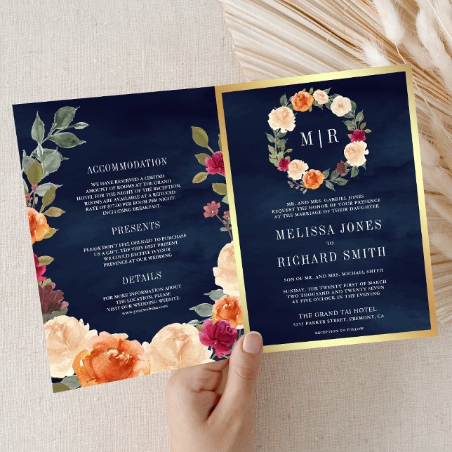 Jordnära blomsterkrans QR-kod Marinblå Bröllop Inbjudan (Skapare uppladdad)