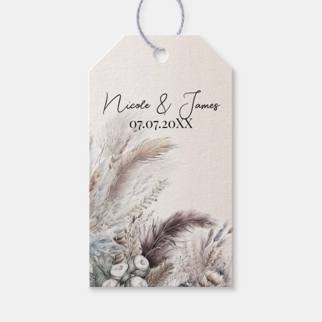 Jordnära Bohemsk Blommig Fjädrar Bröllop Presentetikett (Framsidan)