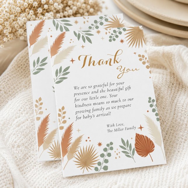 Jordnära Boho Botanisk Pampas Bebis Shower Tack Kort (Earthy Boho Botanical Pampas Baby Shower Thank You Card)