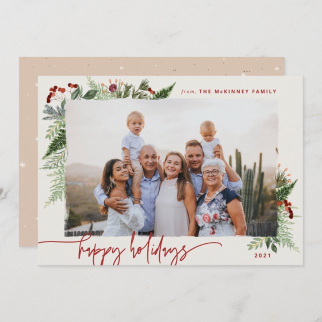 Jordnära Boho Grönska Burgunder Beige Foto Semeste Julkort (Fram/baksida)