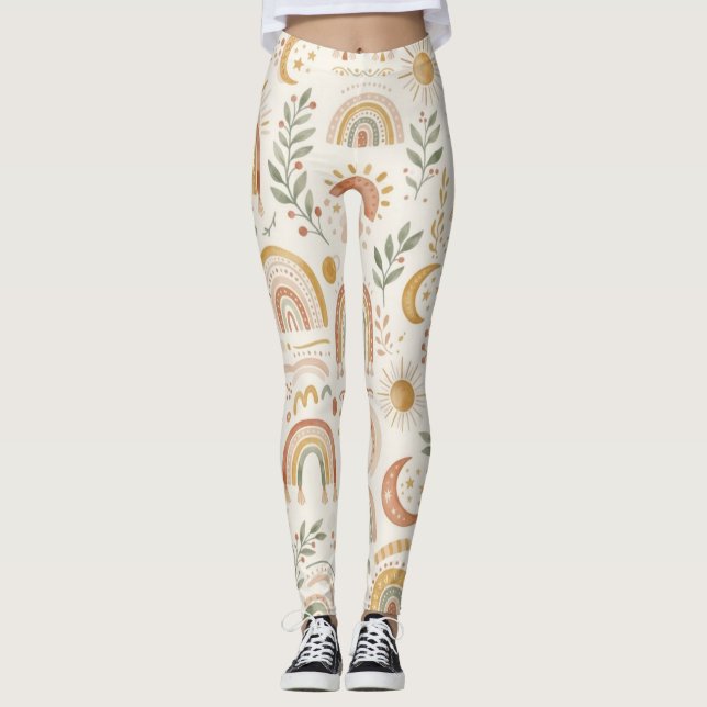 Jordnära Boho-regnbåge och botanisk yogabenskläder Leggings (Framsida)