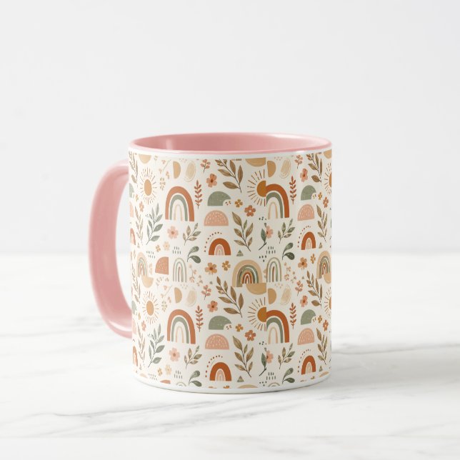 Jordnära Boho Regnbåge Sol Blommig Keramik Mugg (Framsida vänster)