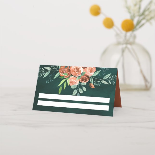 Jordnära Brända Orange Rosor Blommig Smaragd Bröll Placeringskort (Framsida)